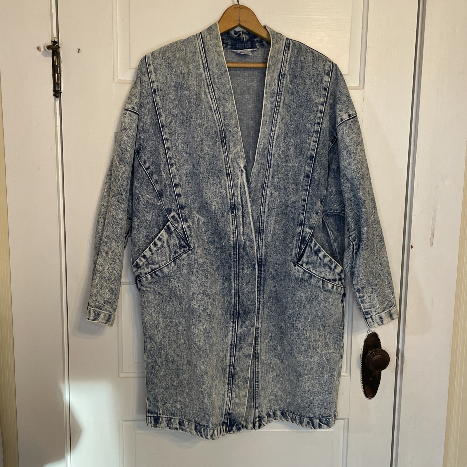 Long Vintage Jean Duster Jacket 100% Cotton Pockets Acid Wash
